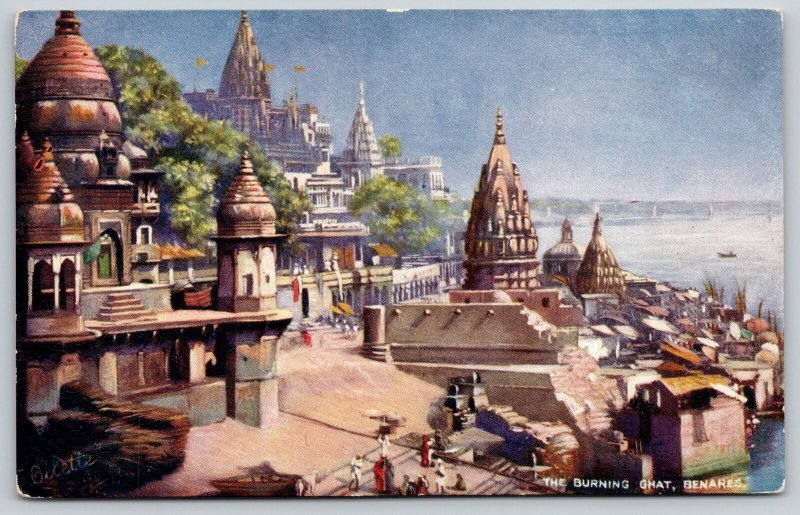 Benares India~The Burning Ghat~Towers~Building~Bridge~1910 TUCK Postcard