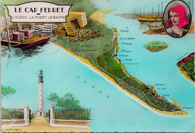 Le Cap Ferret France  L'Ocean La Foret Le Bassin Map Unused Postcard C4