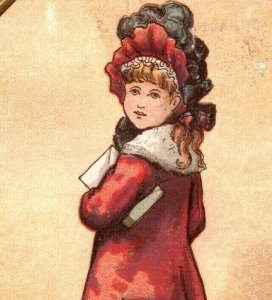 1870s-80s St. Valentine's Day Card Lovely Child In Fancy Red Coat P209