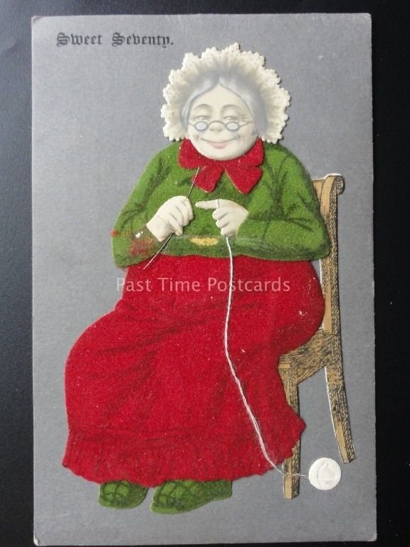 Novelty Postcard: Granny Knitting with Wool & Needle Embossed Flock Old Postcard