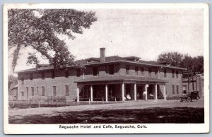 K48/ Saguache Colorado Postcard c1930 Hotel and Cafe Building 340