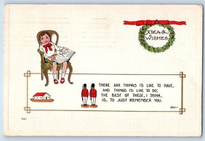 Wall Signed Artist Postcard Christmas Boy With Book Embossed Clinton Iowa IA