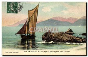 Old Postcard Fishing Boat Cannes Beach and mountains of & # 39Esterel