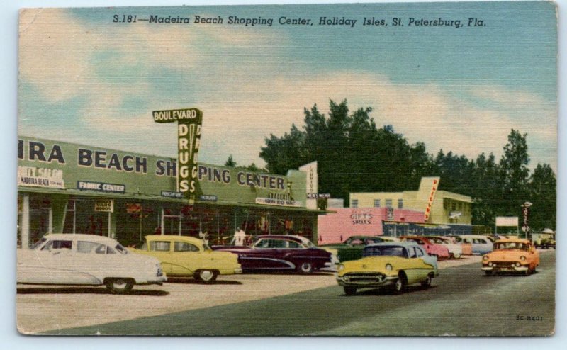 ST. PETERSBURG, FL ~ Roadside Madeira Beach SHOPPING CENTER c1950s Cars Postcard 