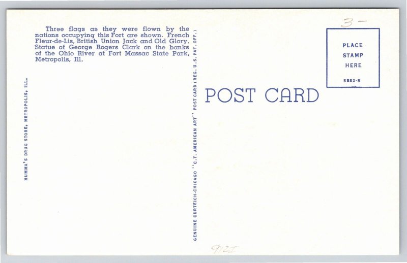 Metropolis Illinois~Fort Massac State Park~Waterfront 3 Flags~Monument~1945 PC