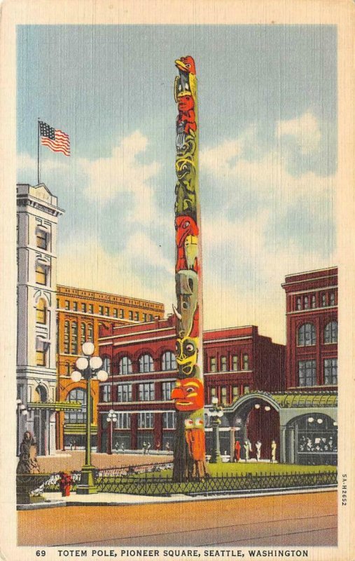 Native American Totem Pole PIONEER SQUARE Seattle, WA c1940s Vintage Postcard