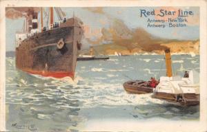 RED STAR LINE~ANTWERP-NEW YORK-BOSTON- H CASSIERS ARTIST SIGNED POSTCARD 1900s