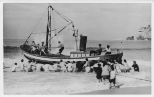 Fishing Boat Fisherman at Nazare Antiqa Portugal Rare RPC Postcard