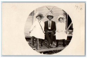 Postcard Two Girls and One Boy Teenagers at Construction Site c1910 RPPC Photo