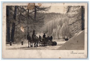 1912 New Year Bonne Annee Horse Carriage Winter Antique RPPC Photo Postcard