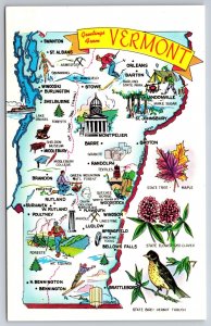 State Maps~Greetings From Vermont~Brandon~Randolph~Orleans~Vintage Postcard