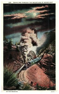 Traveling Through the Mountains by Moonlight Colorado Postcard 1935