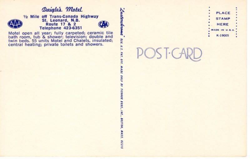 Vintage Postcard- Daigle's Motel St. Leonard New Brunswick Canada