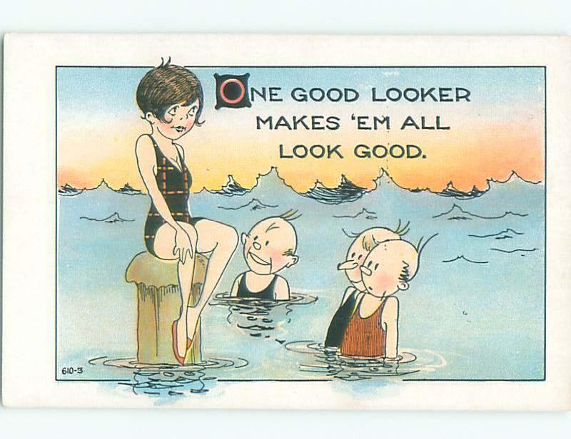 1920's Risque CUTE FLAPPER GIRL WITH THREE OLD BALD MEN AB6200