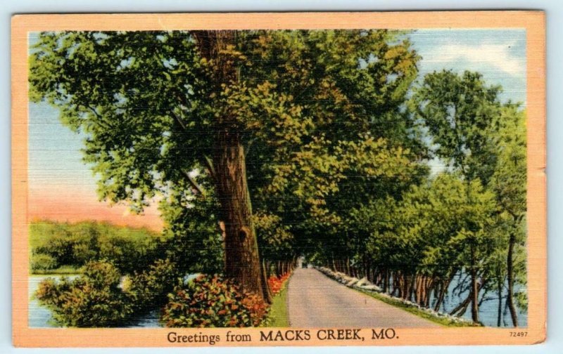 Greetings from MACKS CREEK, Missouri MO ~ Camden County 1954 Linen Postcard