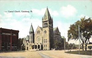 Galesburg Illinois Central Church Exterior Street View Antique Postcard K20003