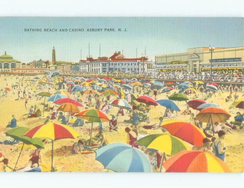 Unused Linen MANY COLORFUL UMBRELLAS AT THE BEACH Asbury Park NJ d7205