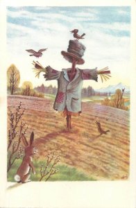 B588 Friendly scarecrow surrounded by birds and a bunny artist postcard