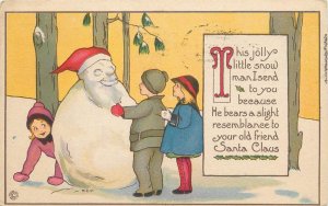 Christmas Postcard Children Make a Snow Man Santa Claus M.E.P. 749C