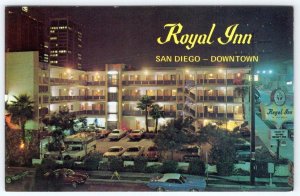 1970's SAN DIEGO CALIFORNIA ROYAL INN MOTEL HOTEL AT NIGHT VINTAGE POSTCARD