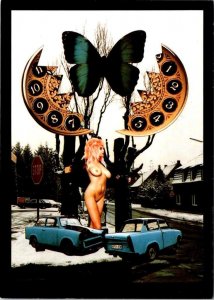 Unique Risque Art 4X6 Postcard  BUTTERFLY~BROKEN CLOCK~NAKED WOMAN~STREET/CARS