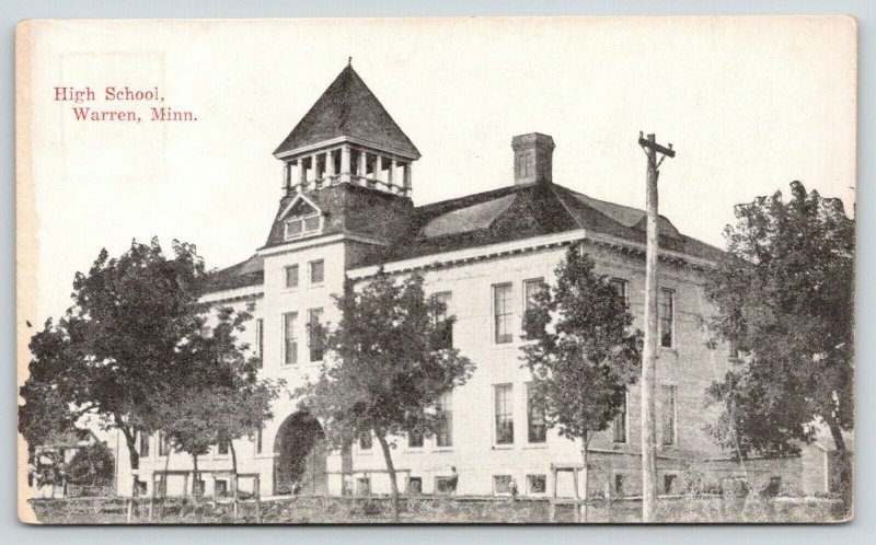 Warren Minnesota~High School~Braced Young Trees~c1910 B&W Postcard 