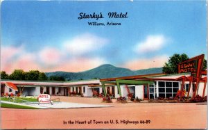 Postcard AZ Williams Starky's Motel Route 66 & 89 Roadside Mountain 1955 S112