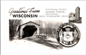 Greetings from Wisconsin, Cedarburg Bridge Ozaukee County WI Postcard L58
