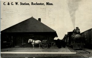 Postcard MN Rochester Chicago & Great Western Railroad Station Trains 1910 M37