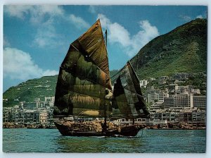 Hong Kong Postcard A Junk in Hong Kong Waterfront c1950's Japan Air Lines