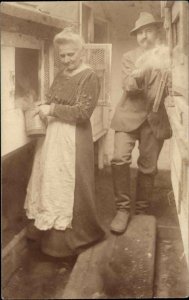 Feeding Rabbits in Hutch Pets? c1910 Real Photo Postcard CLOSE-UP AMATEUR