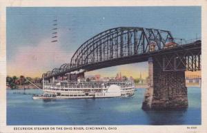 Excursion Steamer under Ohio River Bridge Cincinnati pm 1934