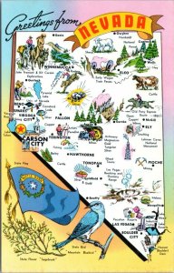 1950s GREETING FROM NEVADA Map Lusterchrome Postcard EV