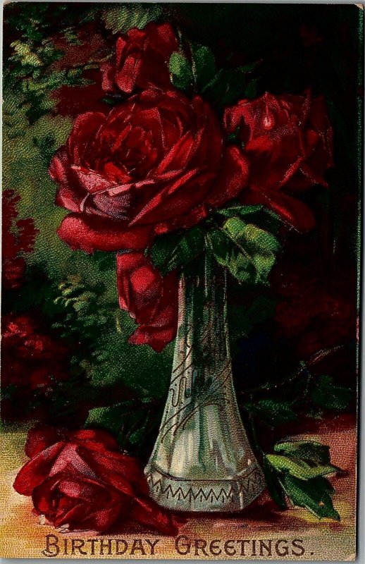 c1910 BIRTHDAY GREETINGS FLORAL ROSES GILDED EMBOSSED POSTCARD 26-304