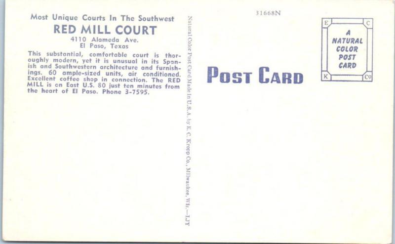 EL PASO, Texas  TX   Roadside  RED MILL COURTS  ca 1940s Linen  Postcard