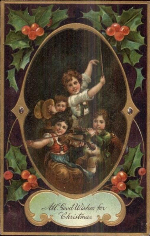 Christmas - Children Play Music Violin Flute Cymbals c1910 PFB Postcard
