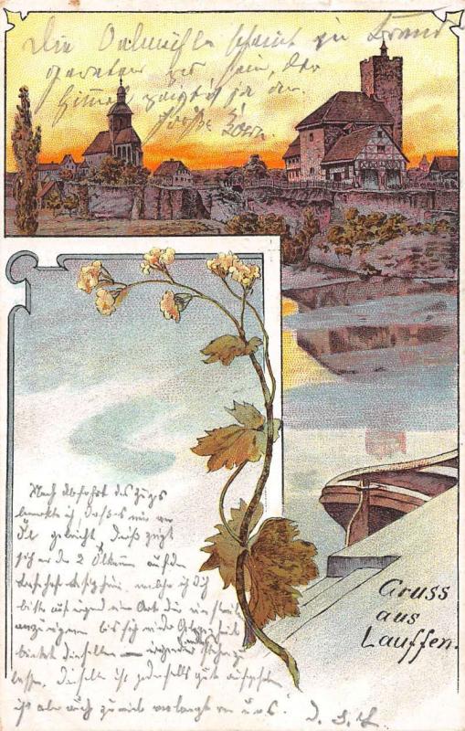 Lauffen Germany Gruss aus Scenic view with Flower Antique Postcard J39622