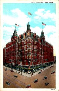 St Paul, MN Minnesota  HOTEL RYAN & Street Scene/Cars ca1920's Vintage Postcard