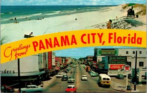 Vtg Panama City FL Dual View Greeting Street View Texaco Gas Coca Cola Postcard