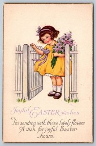 Joyful Easter Wishes, Girl With Purple Flower Bouquet, Antique Postcard