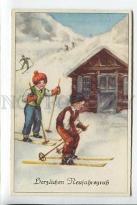 3184538 SKIING Kids NEW YEAR by PETERSEN old POSTMARK telegram