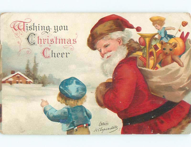 Pre-Linen christmas signed CLAPSADDLE - SANTA CLAUS WALKING WITH BOY W6882