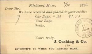 Fitchburg MA J. Cushing & Co Bags & Sacks 1893 Postal Card