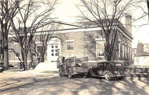 Manchester IA U. S. Post Office Old Car Truck RPPC Postcard