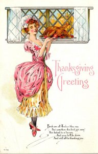 Thanksgiving With Bautiful Lady Holding Turkey On A Platter 1910