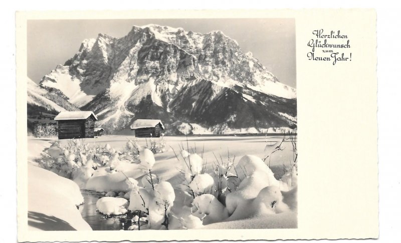 RPPC Neuen Jahr German Real Photo New Years Postcard Cabins Snowy Mountain