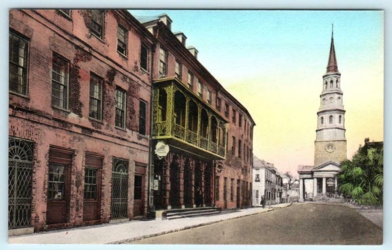 CHARLESTON, SC ~ Handcolored DOCK STREET THEATRE St. Philip's Church Postcard
