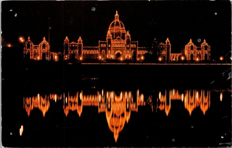 Parlimaent Buildings Night Victoria BC British Columbia Canada Postcard VTG UNP  