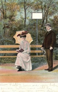 Vintage Postcard 1906 Beautiful Woman w/ Book Sitting on Bench and Man In Park