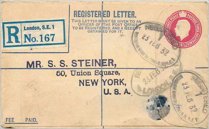 Entier Postal Stationery Postal Britain Great Britain 4 1 / 2d to New York in...